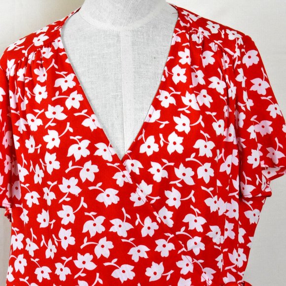 NWT J.CREW Dress 14 Red Floral Print Wrap Machine Wash - Picture 4 of 6
